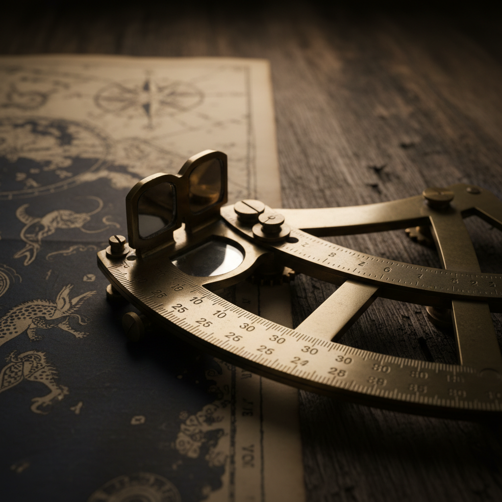 Antique brass sextant resting on a nautical chart